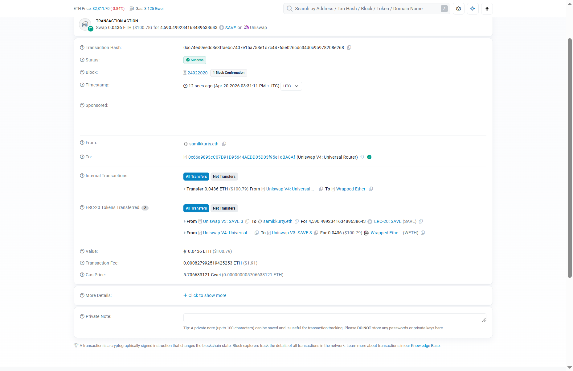 Etherscan transaction showing the SAVE purchase on April 20, 2026