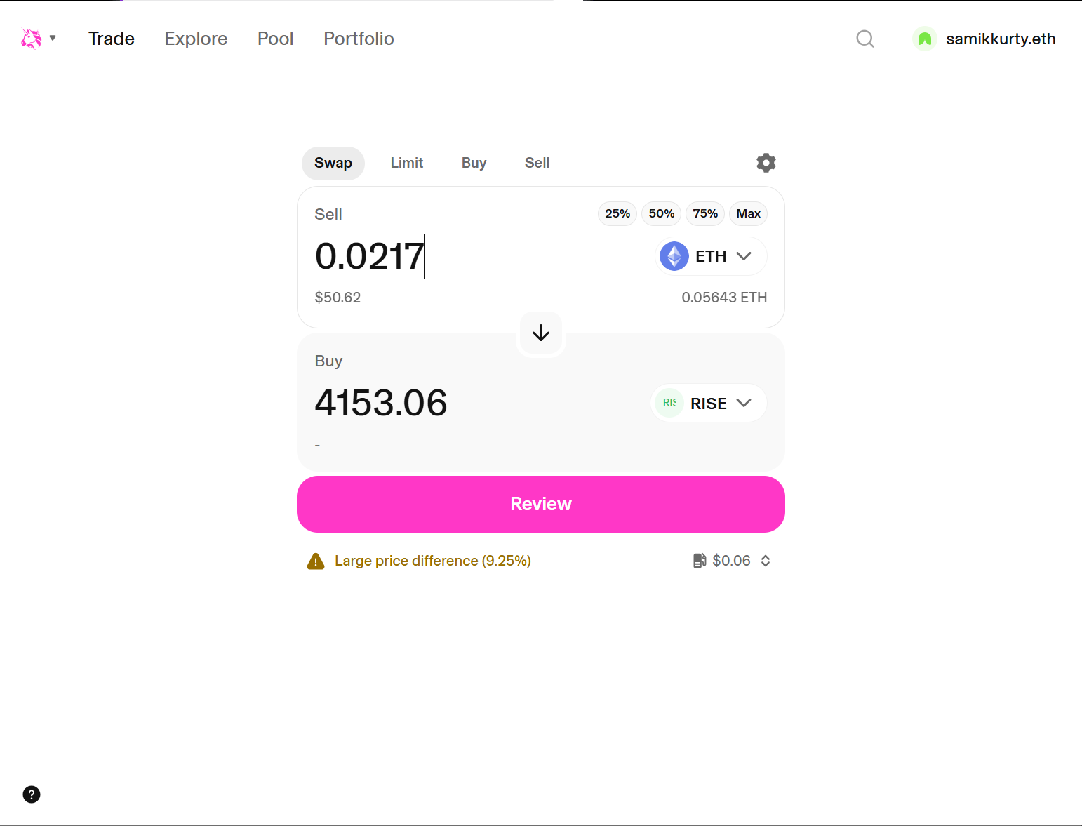 Uniswap swap screen showing 0.0217 ETH ($50.62) for 4,153.06 RISE on April 26, 2026