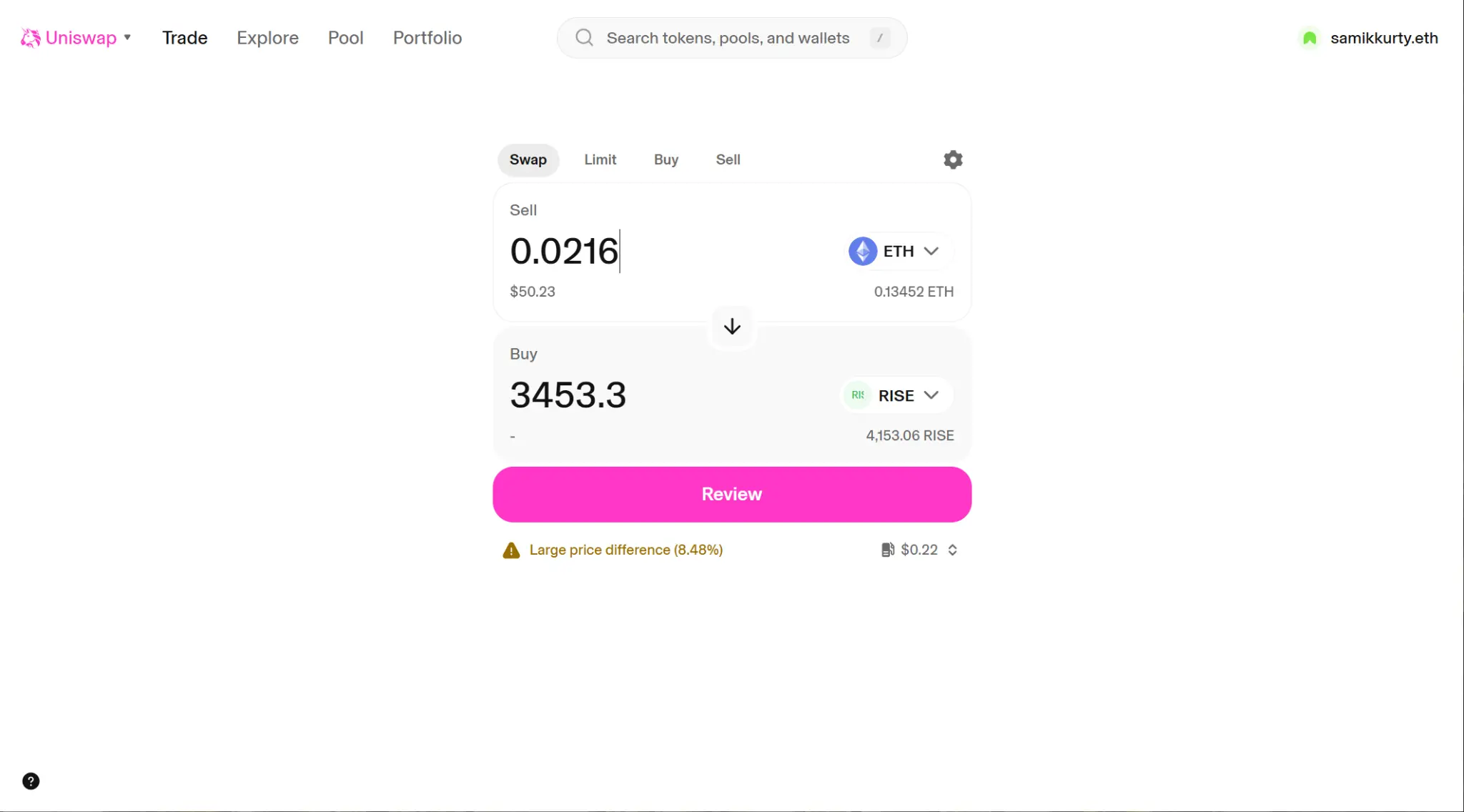 Uniswap swap screen showing 0.0216 ETH for 3,453.3 RISE on April 27, 2026